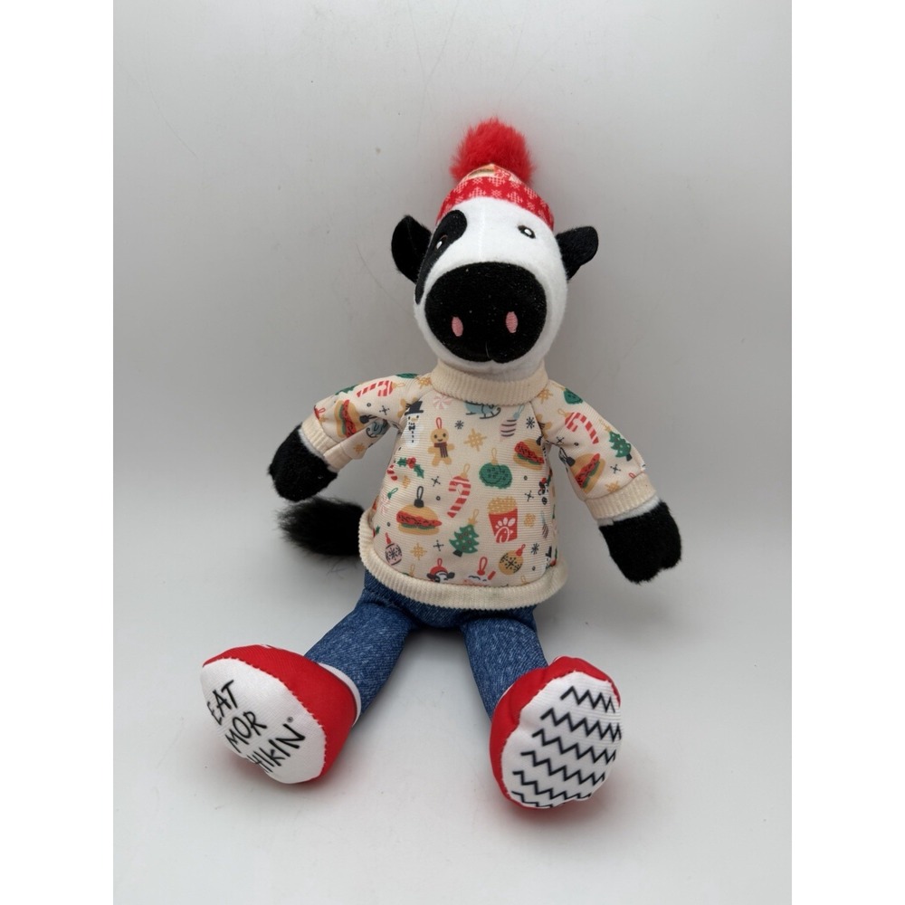 Chick fil A Cow Plush Toy 2024‎ Holiday Sweater Beanie Jeans Eat Mor Chikin